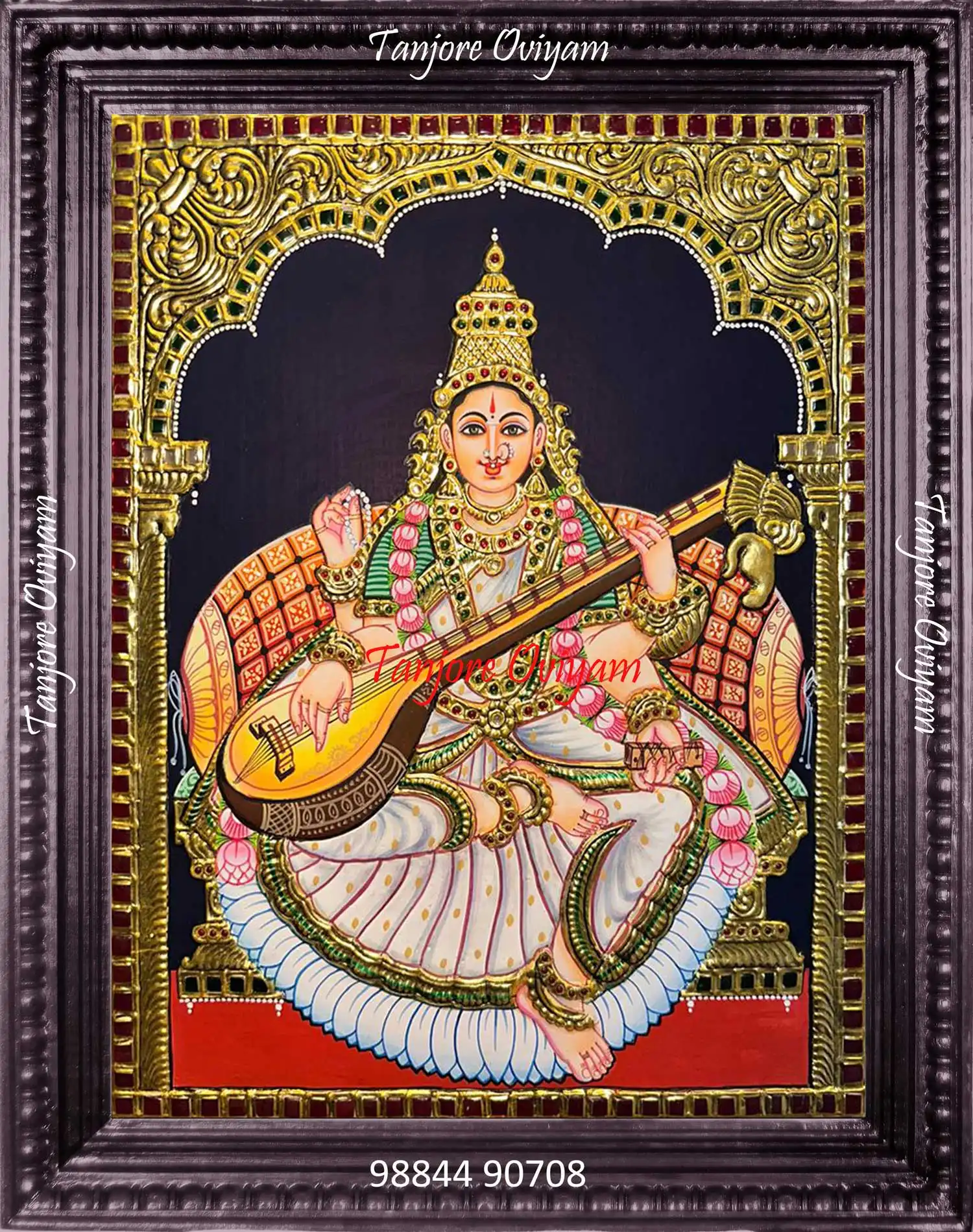 Authentic Saraswathi Devi Tanjore painting with veena and gold foil work